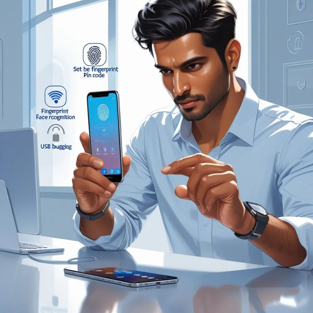 Person configuring phone security settings with icons for PIN, biometrics, and backup for Locked Codes Tips