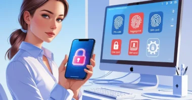 Person holding a locked smartphone with digital lock icons and unlocking tools in the background.