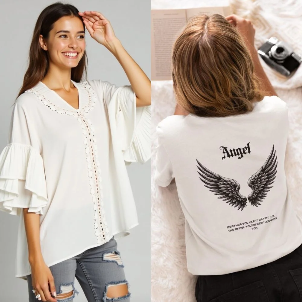 an image of trending angel shirt with loose fit , soft anf airy fabric of 