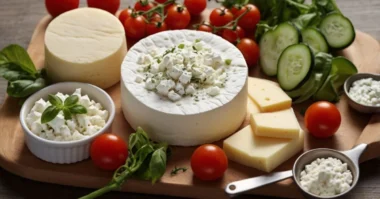 Assorted low fat cheeses with cherry tomatoes, cucumbers, and fresh herbs on a wooden board.