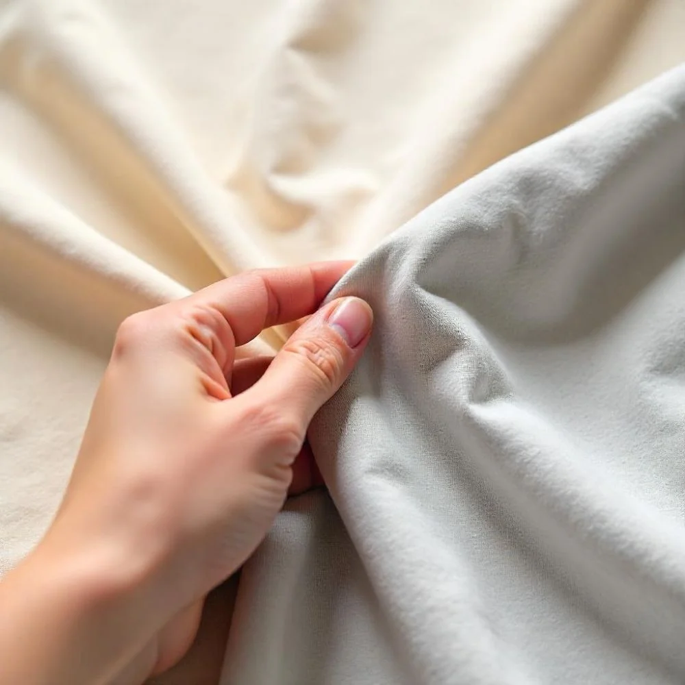 Close-up of soft Lowis fabric showing smooth texture and strong stitching. 