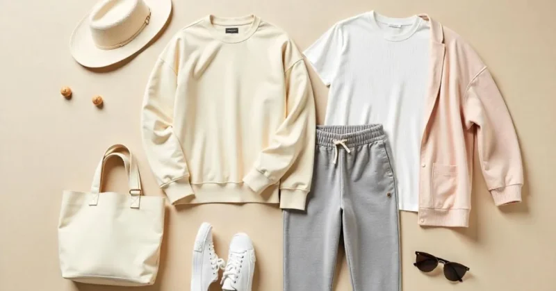 Flat lay of Lowis Clothing casual wear with cozy and stylish neutral outfits.