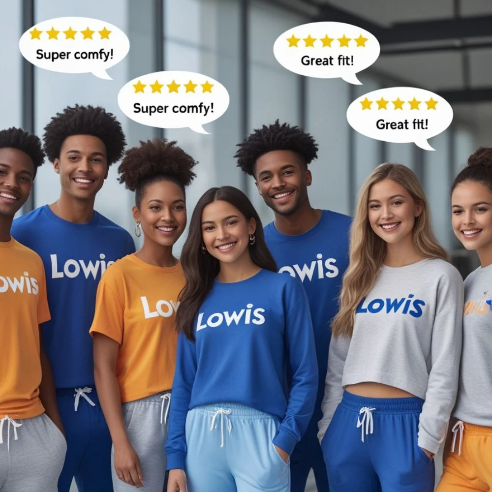 Happy customers wearing Lowis outfits with positive review quotes and star ratings. 