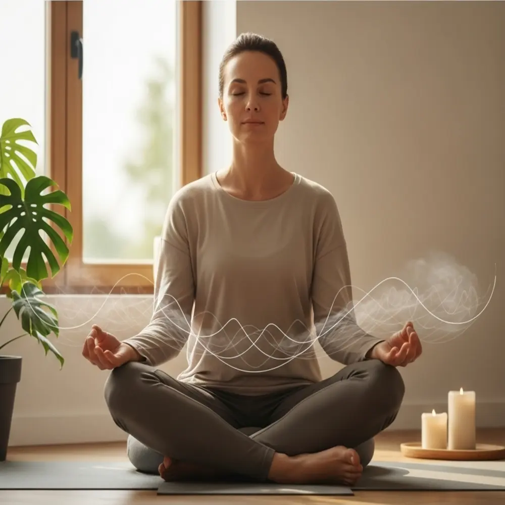 Person sitting cross-legged in a calm space with eyes closed, symbolizing daily meditation and inner stillness.
