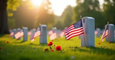 Image of Memorial Day 2026 observance with American flags on military graves and red poppies in a peaceful cemetery.