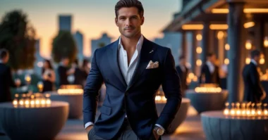 Stylish man in cocktail attire wearing a blazer, dress shirt, and loafers at an evening event.
