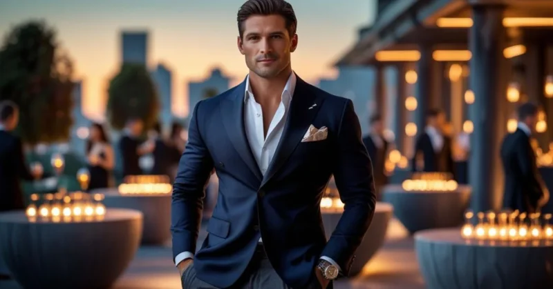 Stylish man in cocktail attire wearing a blazer, dress shirt, and loafers at an evening event.