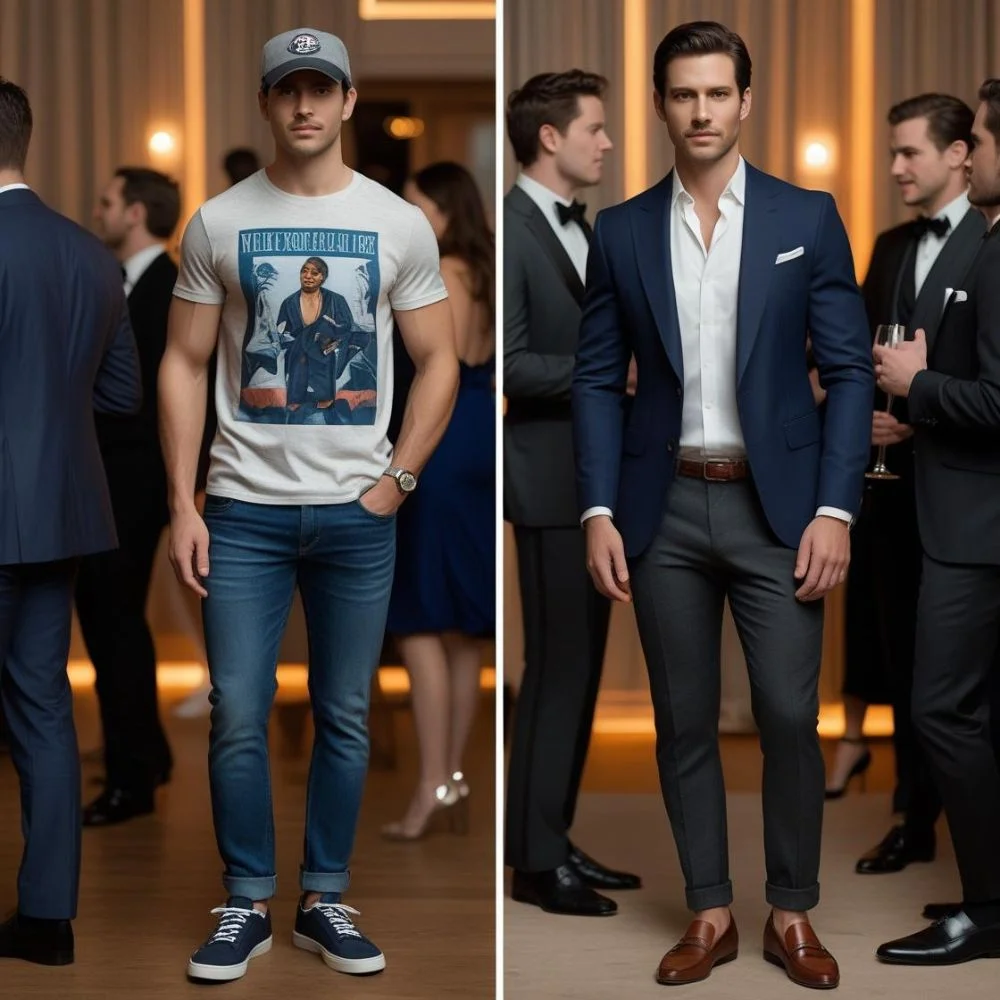 Comparison of wrong vs. right men’s cocktail attire casual vs. polished look.