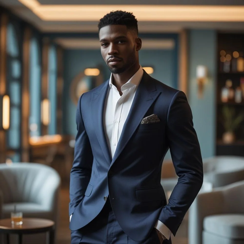 Man wearing a tailored navy blazer with a white shirt, showcasing sharp cocktail style. 