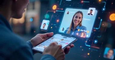 Futuristic Facebook Messenger interface showing AI features, chat privacy tools, live video calls, and Meta Horizon VR integration.