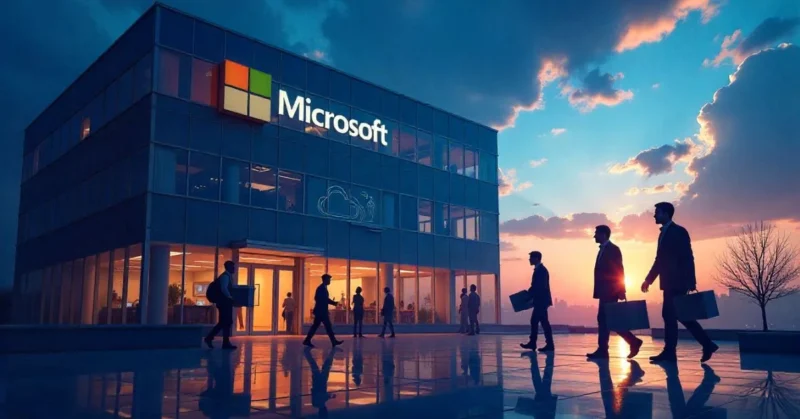 Microsoft employees leaving office amid 2025 layoffs, with AI and cloud icons in background