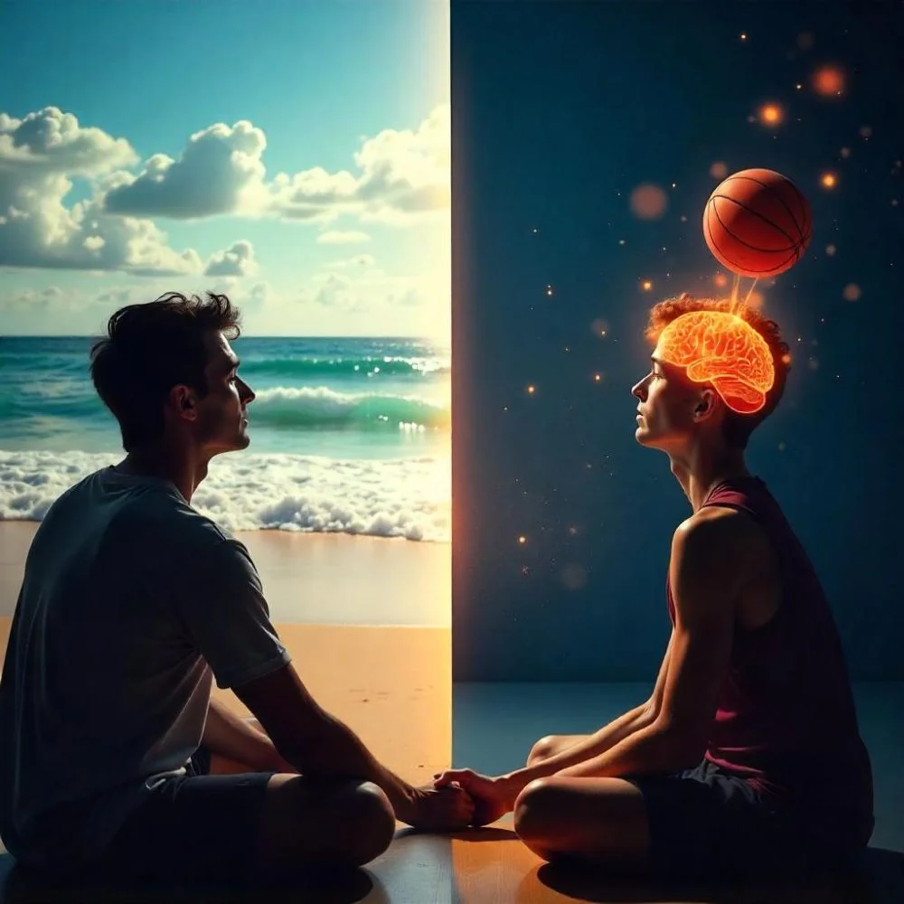Person and athlete using mind’s eye to recall memories and visualize performance. 