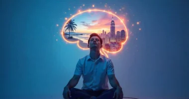 Person visualizing scenes with glowing brain and vivid inner images.