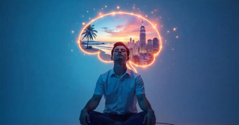 Person visualizing scenes with glowing brain and vivid inner images.