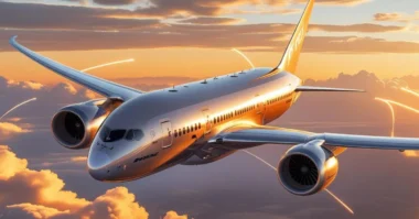 "Commercial airplane flying through sunset sky with clouds"