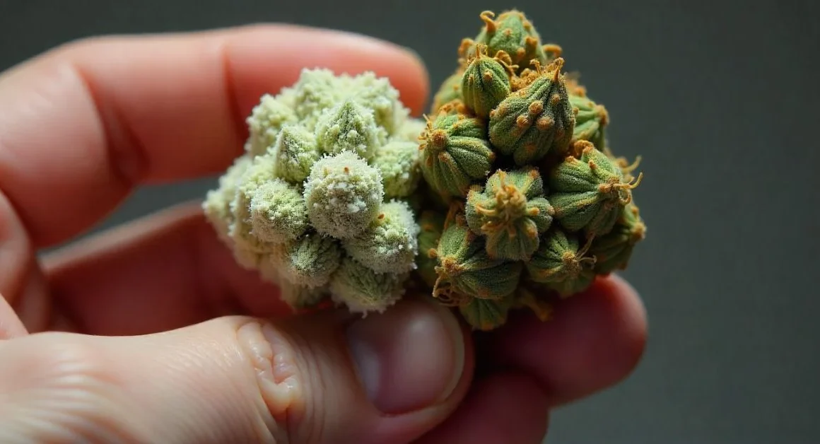 "Healthy cannabis bud next to moldy weed for comparison"