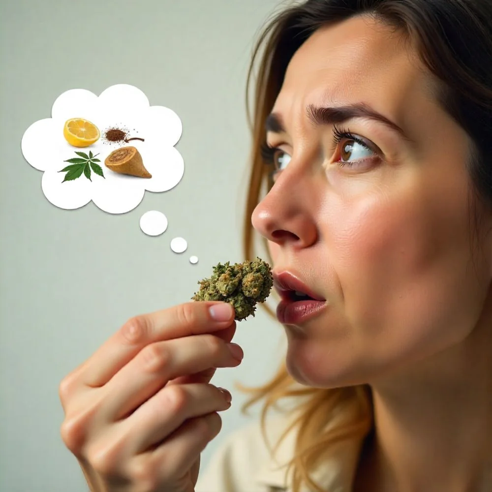 "Person smelling cannabis with good vs bad scent indicators"