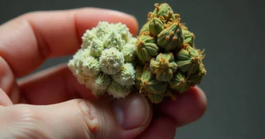 "Healthy cannabis bud next to moldy weed for comparison"