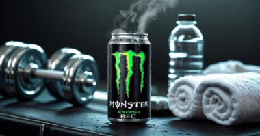 Chilled Monster Energy BFC can on gym bench with gear.