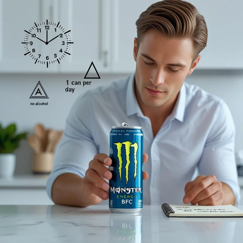 Person reading Monster BFC label with safe use icons.