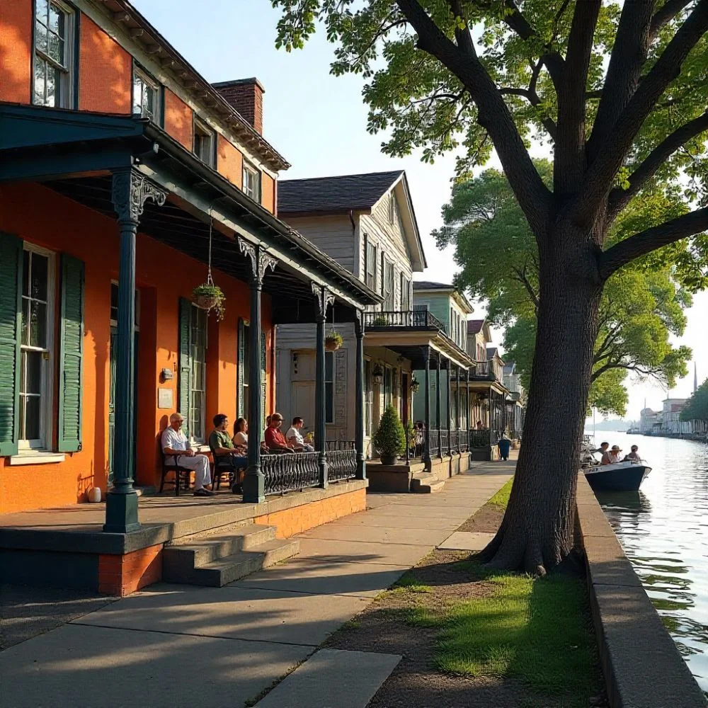 Colorful historic homes with porches and balconies along Bayou St. John.