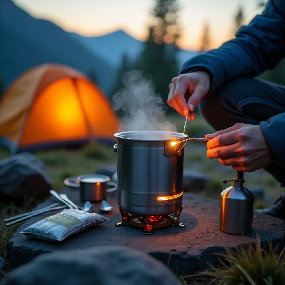 Ultralight stove with mountain cooking gear at campsite
