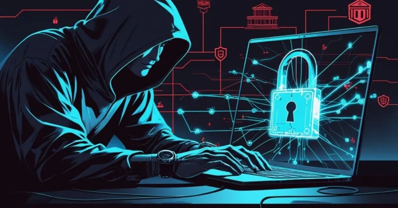 "Cybercriminal hacking MoveIt Transfer with data breach symbols and security warnings."