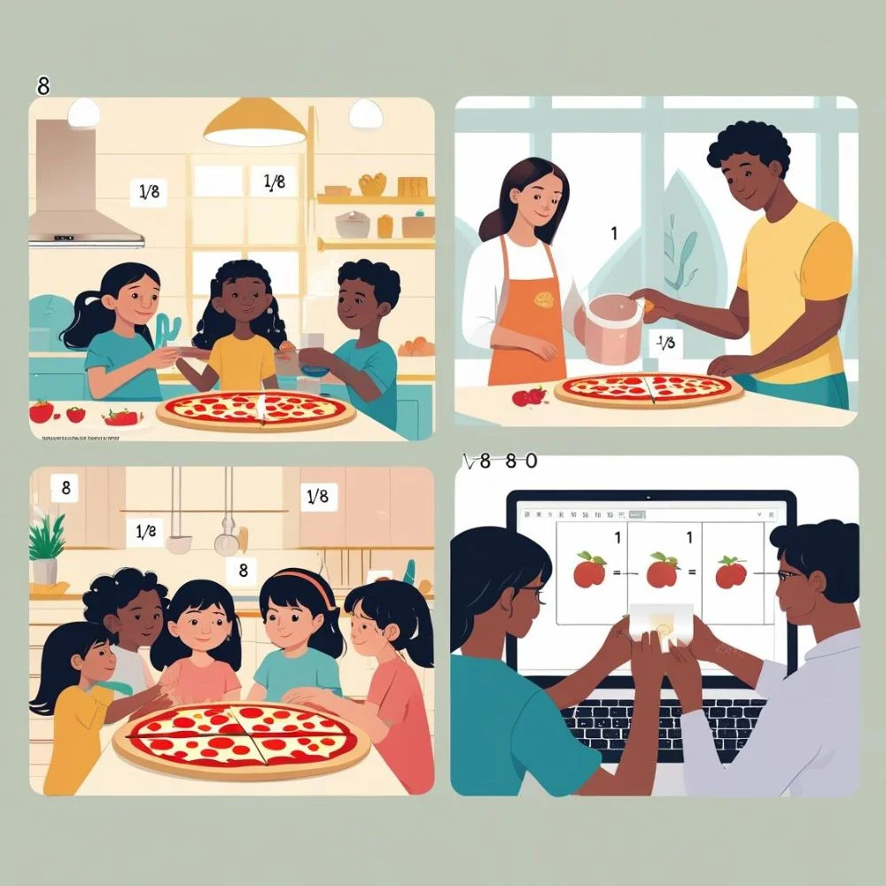People using fractions in daily life cooking, sharing pizza, and resizing images.
