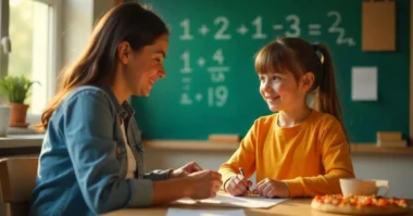 Visual of student learning to multiply fractions using real-life examples and charts.