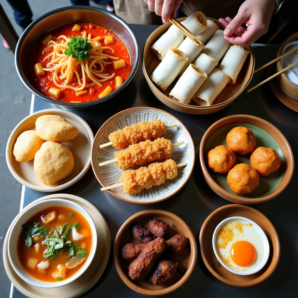 Image of Assortment of Seoul’s street food including Tteokbokki, Gimbap, Hotteok, Odeng, Korean fried chicken, Egg Bread, and Soondae.