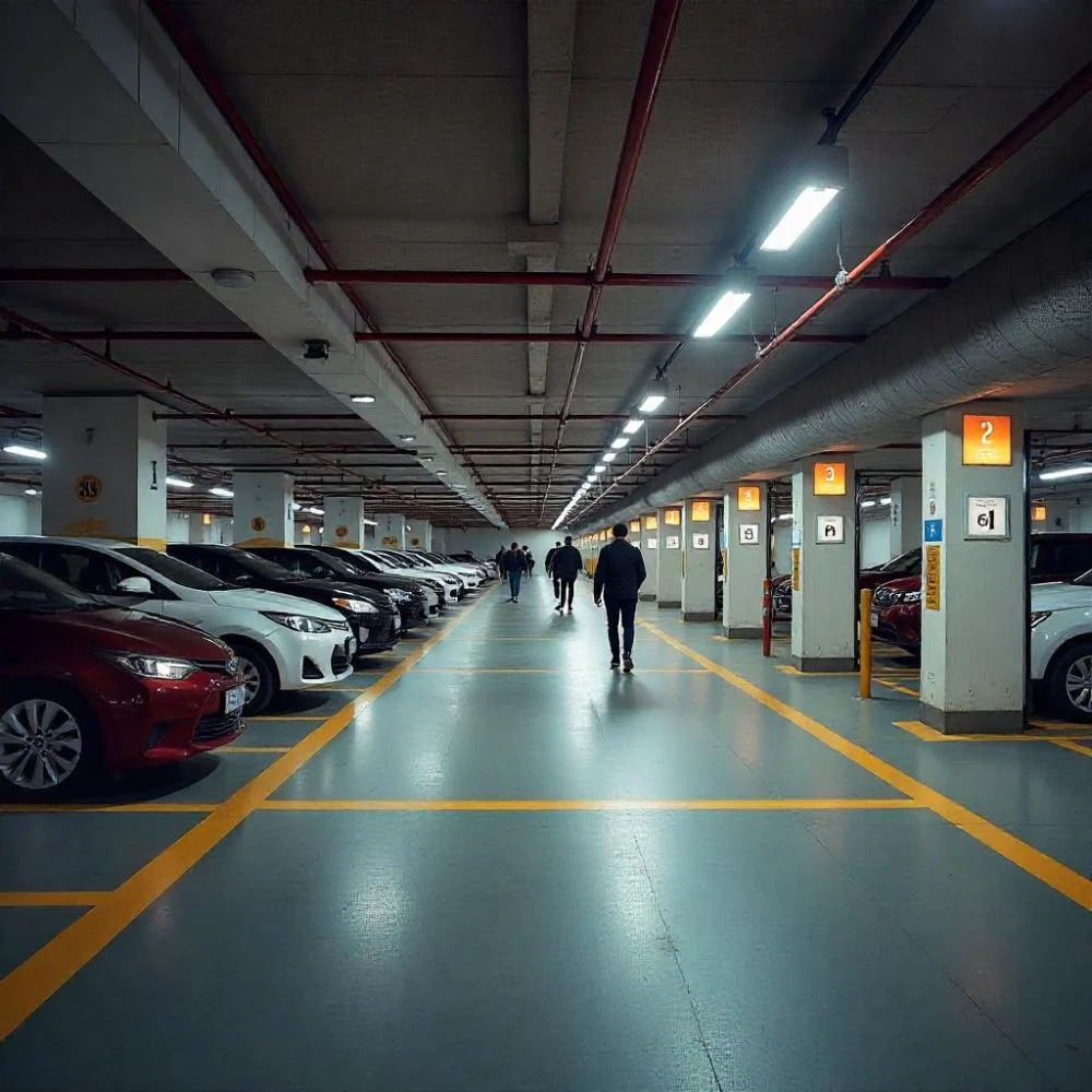 car park with CCTV, EV chargers