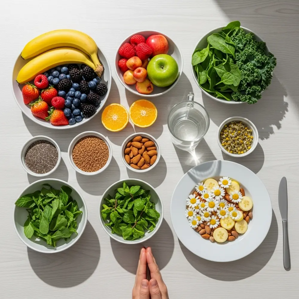 Fresh fruits, leafy greens, nuts, seeds, herbal tea, and clean water neatly arranged on a table, symbolizing high-vibration, natural foods.