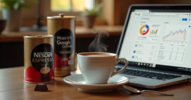 Steaming Nescafé espresso cup with crema beside a laptop showing Google Search Console, set in a cozy kitchen or café workspace.