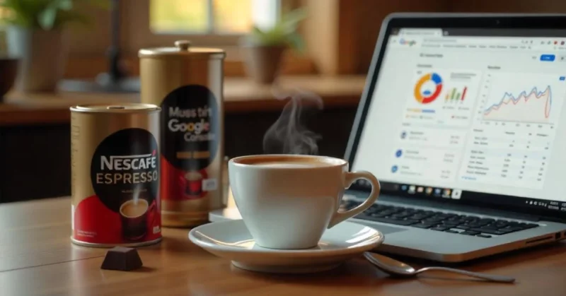 Steaming Nescafé espresso cup with crema beside a laptop showing Google Search Console, set in a cozy kitchen or café workspace.
