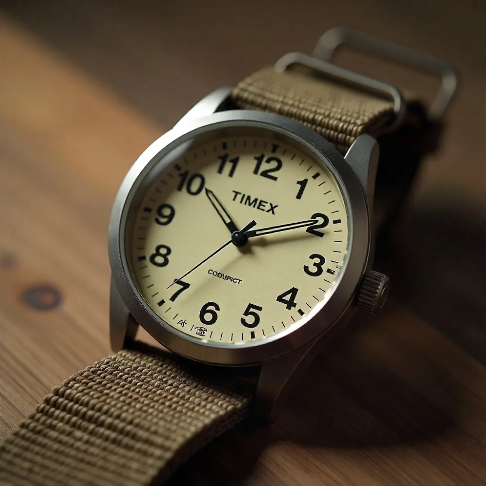 Image of Noah x Timex watch with vintage design and bold numerals.