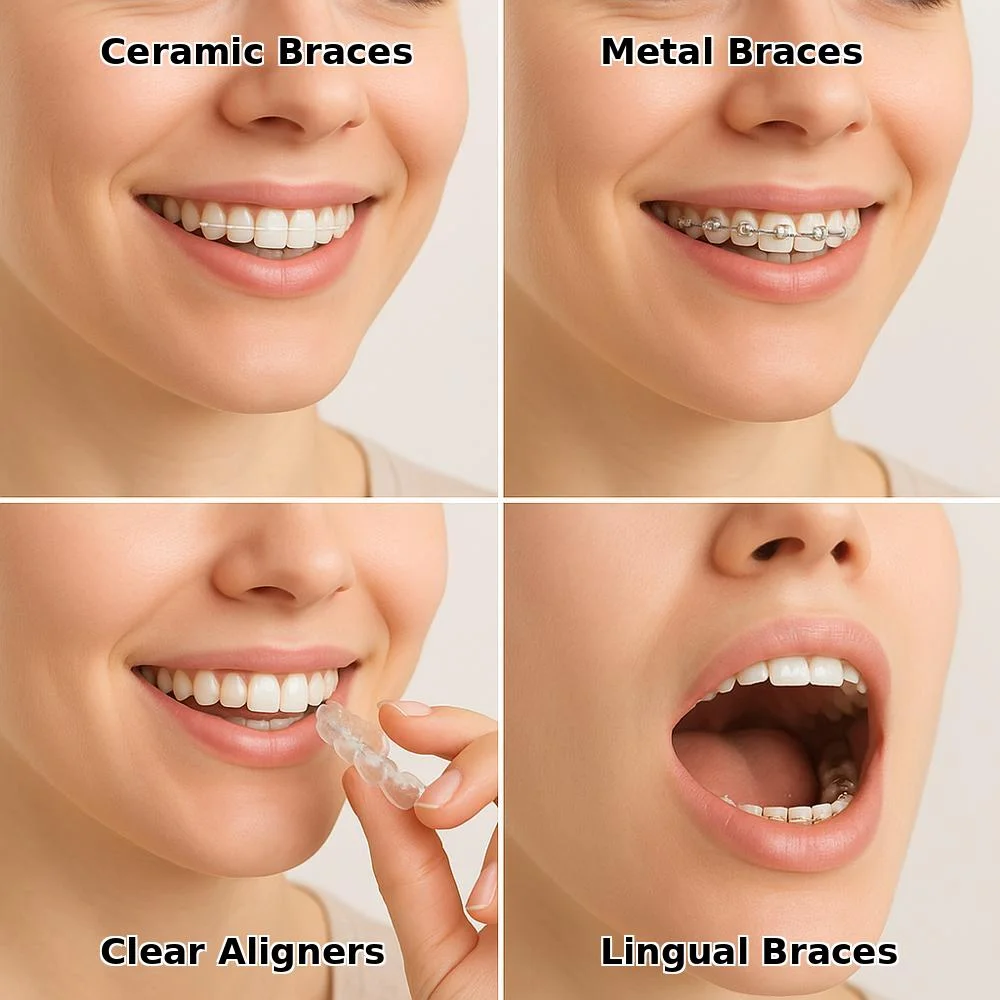 Four types of braces on teeth: ceramic, metal, aligners, lingual.