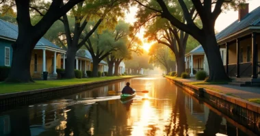 Golden hour view of Bayou St. John with a kayaker, calm water, and historic homes.