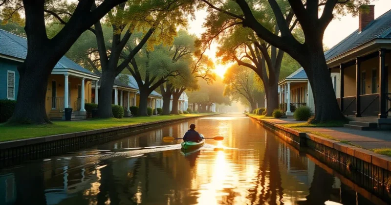 Golden hour view of Bayou St. John with a kayaker, calm water, and historic homes.