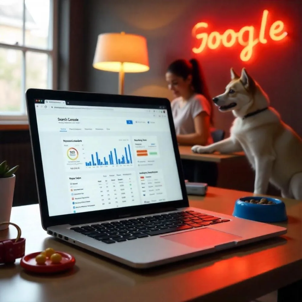 Pet blogger using Google Search Console on a laptop with pet care products like worming tablets, cat toys, and a dog collar nearby. 