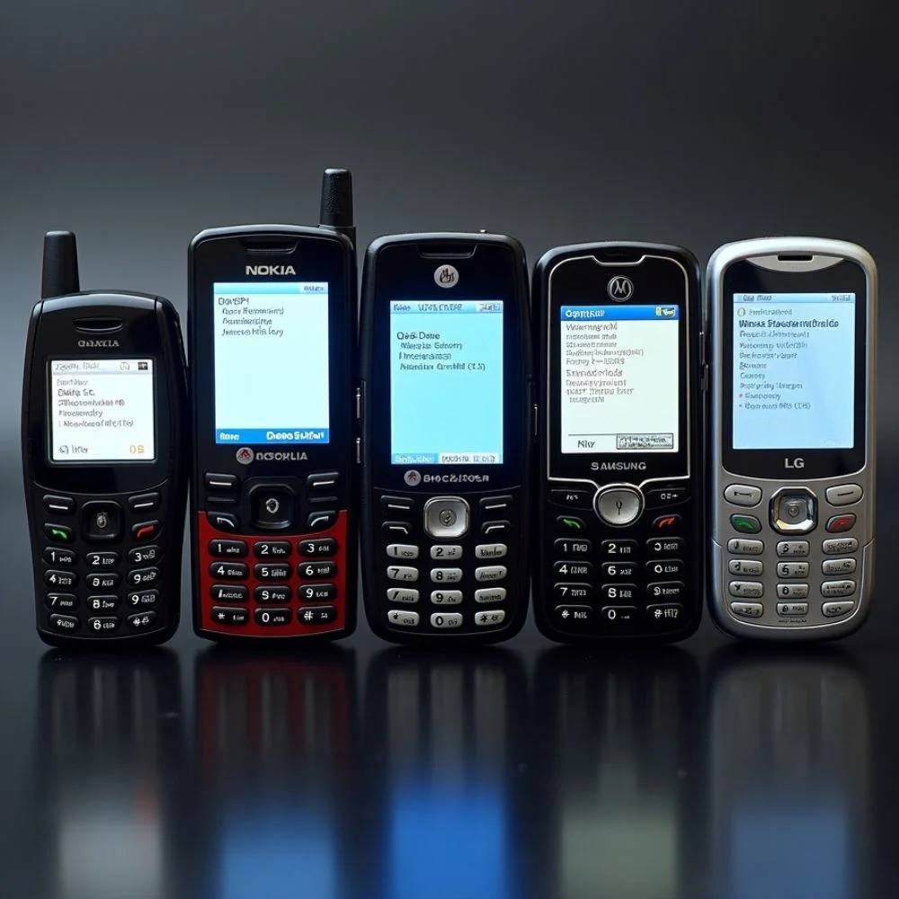 Collection of classic mobile phones like Nokia 3310 and Motorola Razr showing T9 text input screens from the early 2000s. 