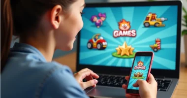 Image of Person playing free online games at Poki.com on laptop and mobile with colorful game icons on screen.