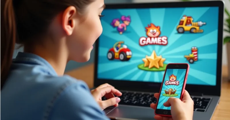 Image of Person playing free online games at Poki.com on laptop and mobile with colorful game icons on screen.
