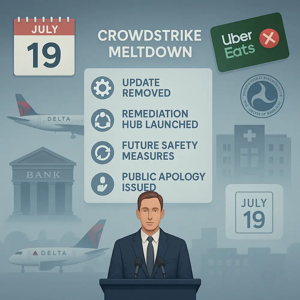 Executive at podium with response points behind them, surrounded by icons, disrupted industries, a flagged Uber Eats card, and a circled July 19 calendar.