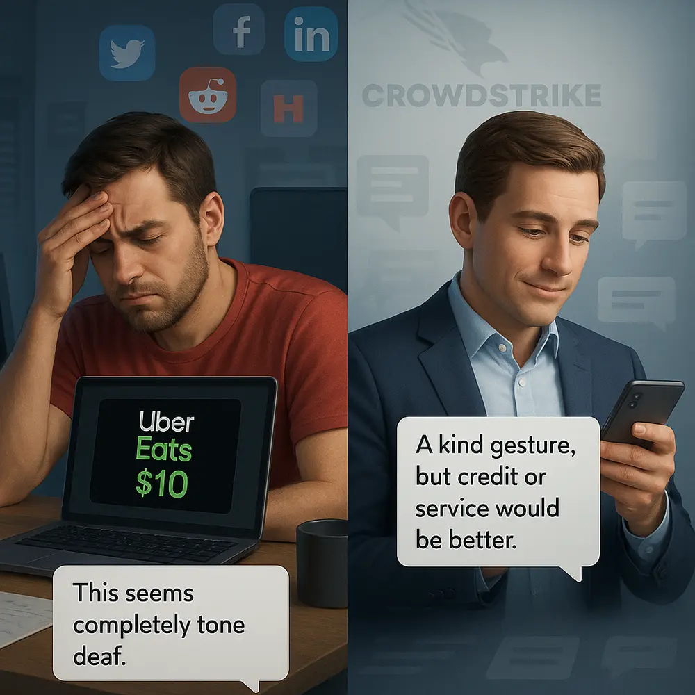 Split view of frustrated IT worker and calm businessperson reacting to CrowdStrike's $10 gift card on social media.