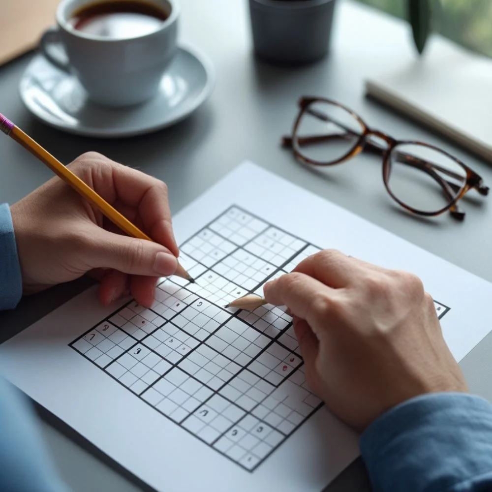 Person solving a Sudoku puzzle on paper at a calm desk. 