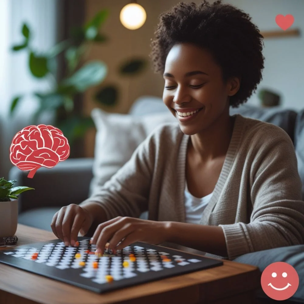 Smiling person solving a puzzle in a cozy room, showing stress relief and mental clarity. 