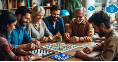 People playing different puzzle games like Sudoku, chess, and jigsaw in a cozy room, showing daily brain challenges.