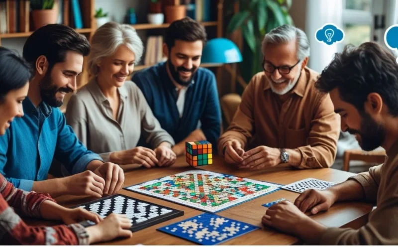 People playing different puzzle games like Sudoku, chess, and jigsaw in a cozy room, showing daily brain challenges.