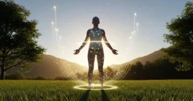 Person standing in nature at sunrise with soft glowing light, symbolizing high energy and peace