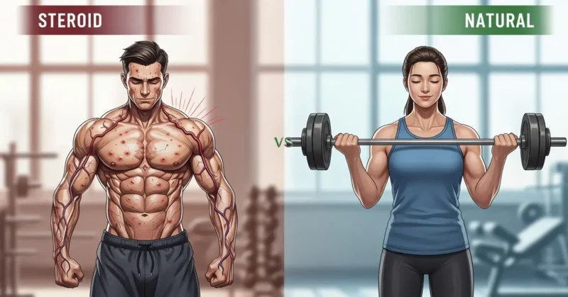 Illustration showing effects of steroid use versus natural fitness.